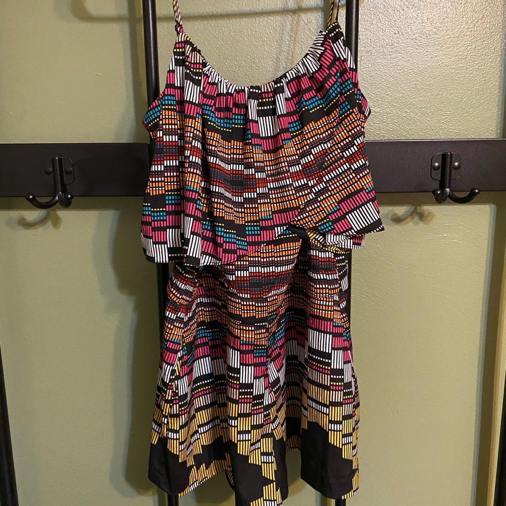 BEBE Colorful Spaghetti Strap Drape Romper (sz 10)